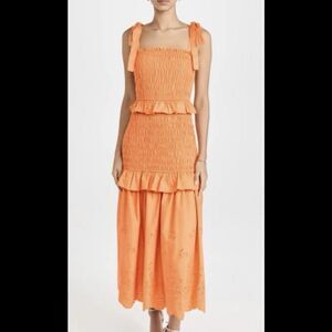 NEW ENDLESS ROSE Peach XSmall Smocked Ruffled Embroidered Eyelet Maxi Dress Boho